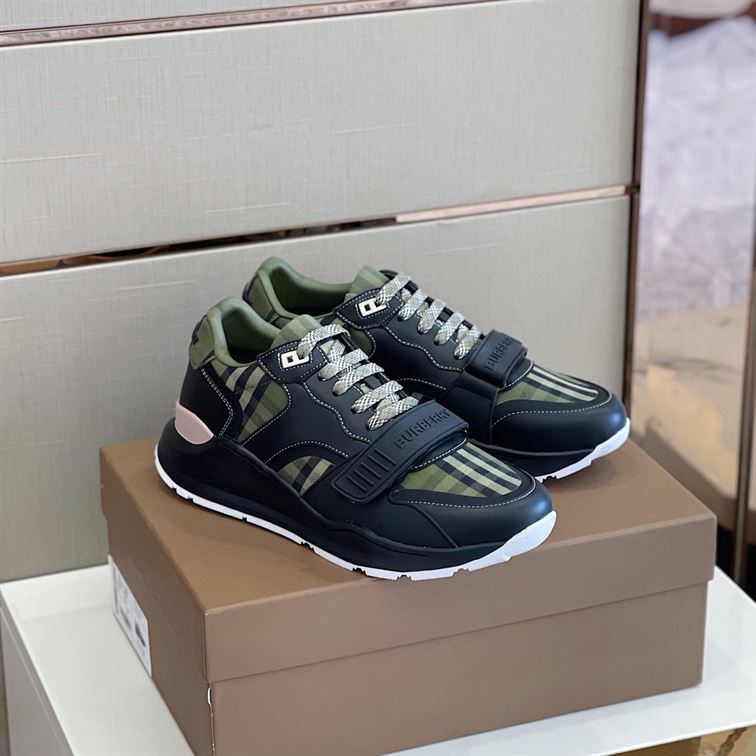 BURBERRY CHECK LACE-UP SNEAKERS IN MILITARY GREEN - BBR008