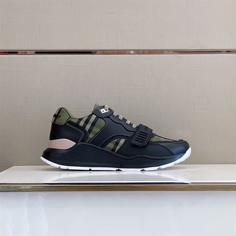 BURBERRY CHECK LACE-UP SNEAKERS IN MILITARY GREEN - BBR008