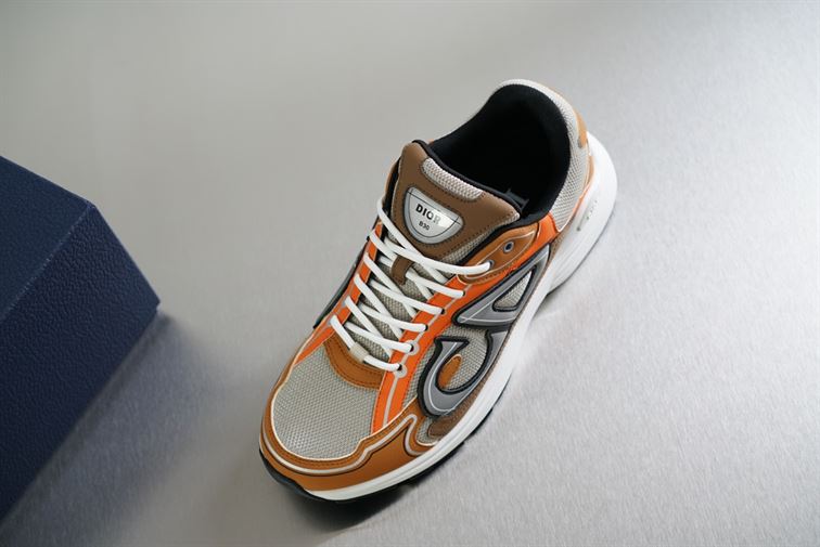 DIOR B30 SNEAKER CREAM MESH WITH ORANGE AND BROWN TECHNICAL FABRIC - DO072