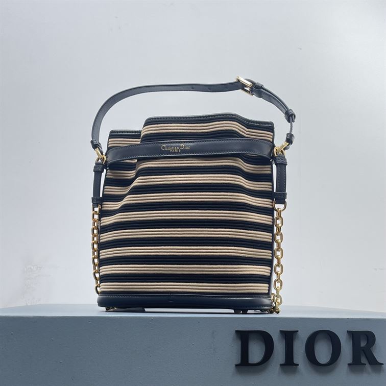 DIOR MEDIUM C EST DIOR BAG NATURAL AND DENIM BLUE MARINIERE RAFFIA