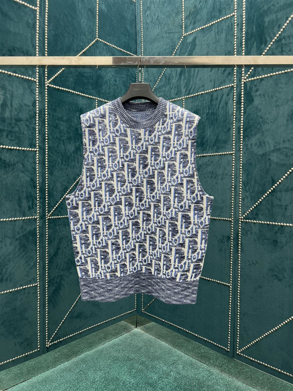 DIOR OBLIQUE SLEEVELESS SWEATER BLUE WOOL JACQUARD - DOS021