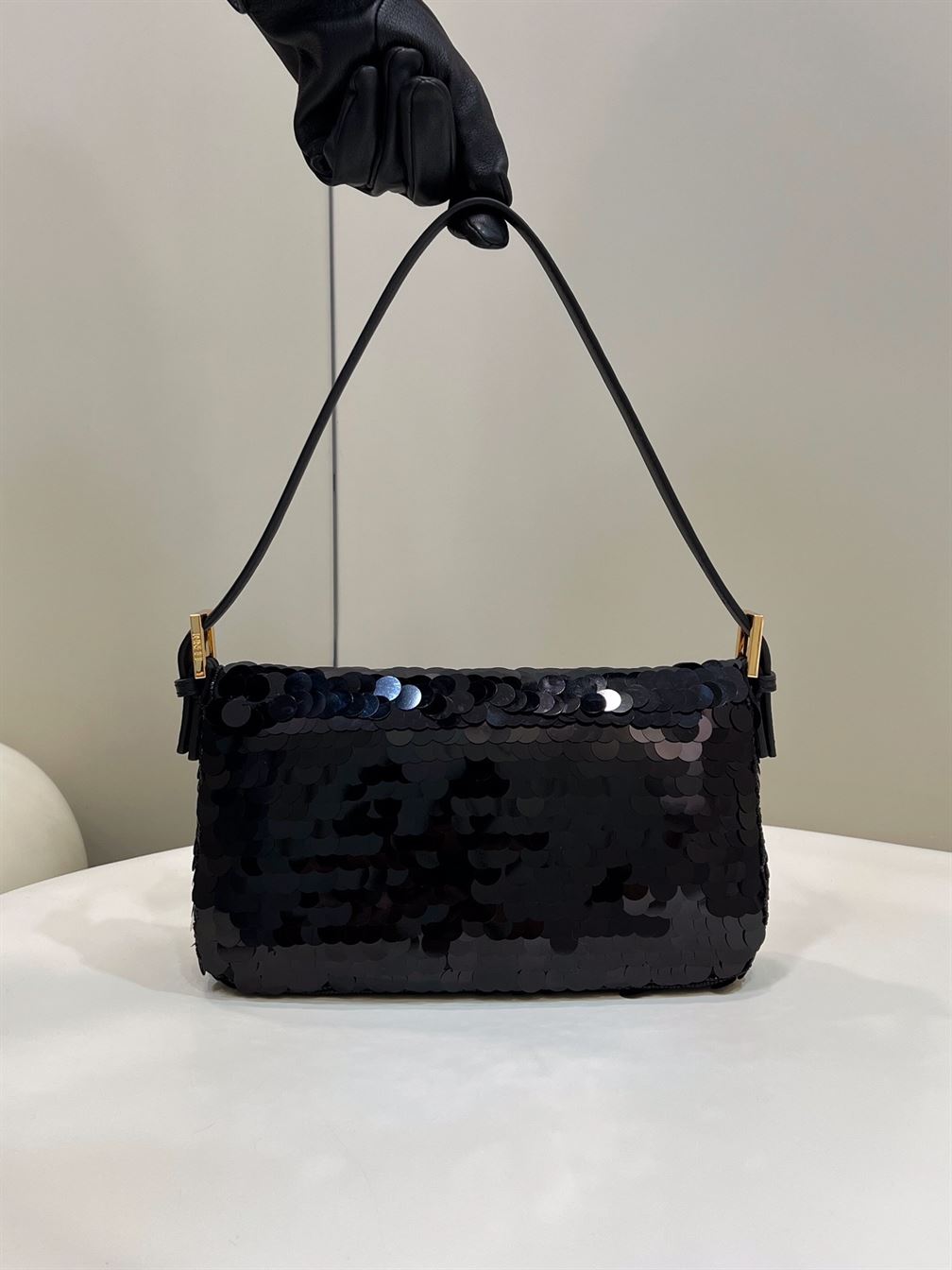 FENDI BAGUETTE BLACK SEQUIN AND LEATHER BAG