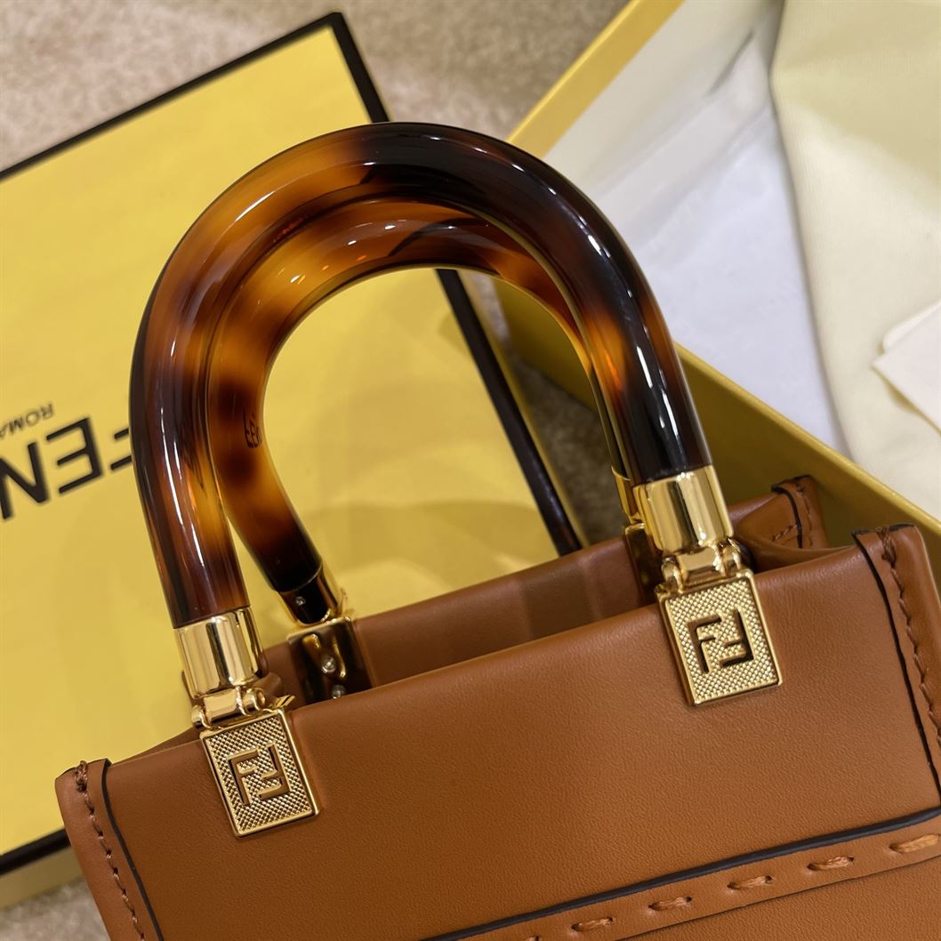 FENDI MINI SUNSHINE SHOPPER BROWN LEATHER MINI BAG