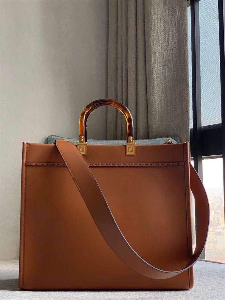 FENDI SUNSHINE MEDIUM BROWN LEATHER SHOPPER