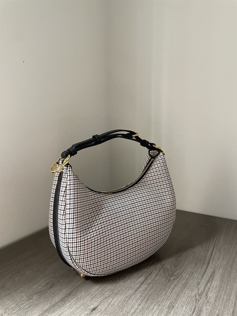 FENDIGRAPHY SMALL BROWN HOUNDSTOOTH WOOL BAG