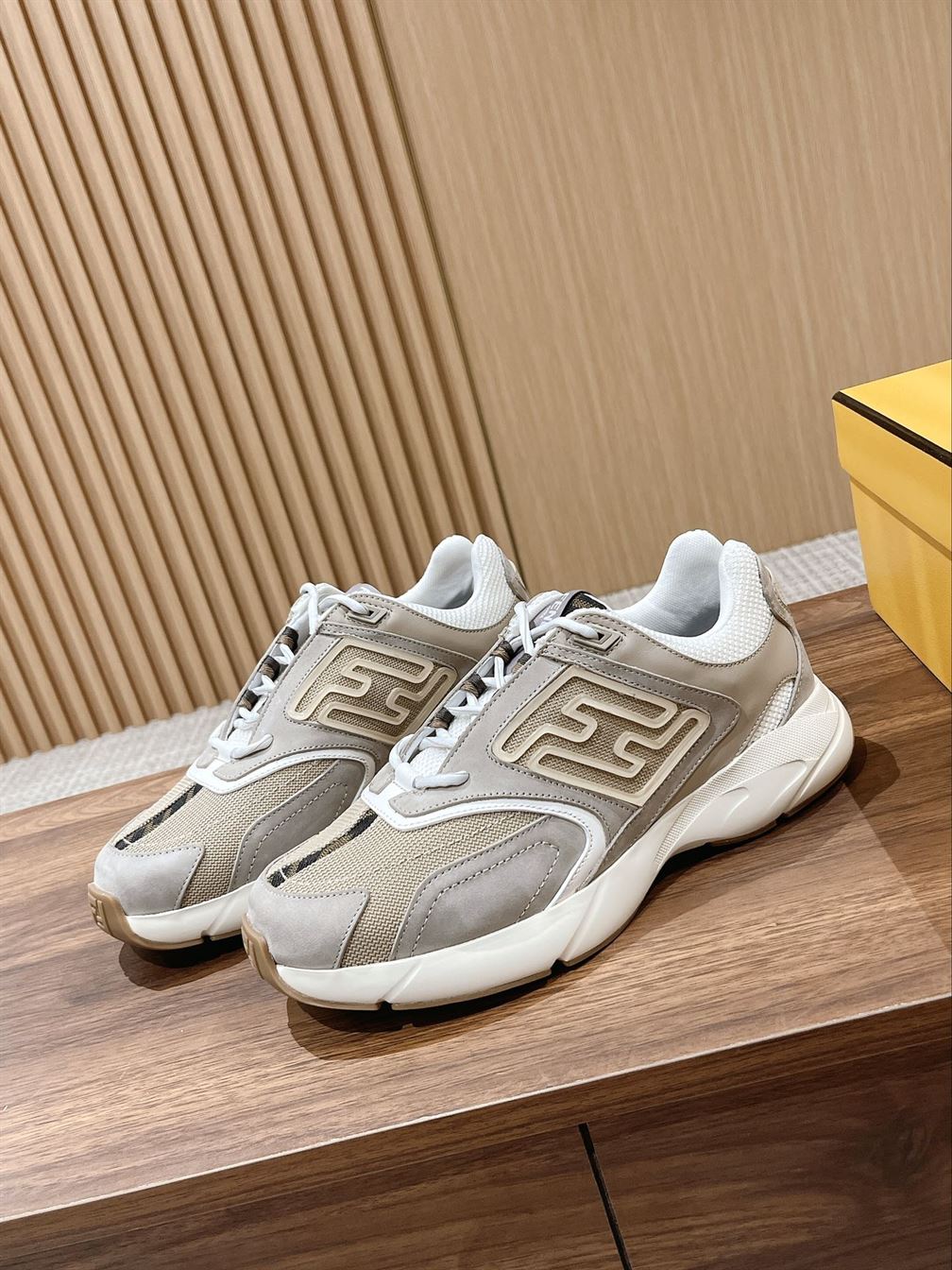 FENDY FASTER TRAINERS BEIGE NUBUCK LEATHER LOW TOPS - FDS020