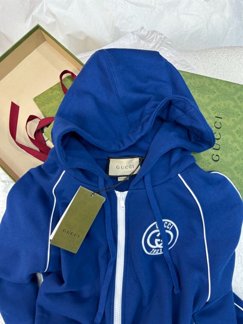 GUCCI BLUE COTTON JERSEY LOGO ZIPPED HOODIE - GCJ036