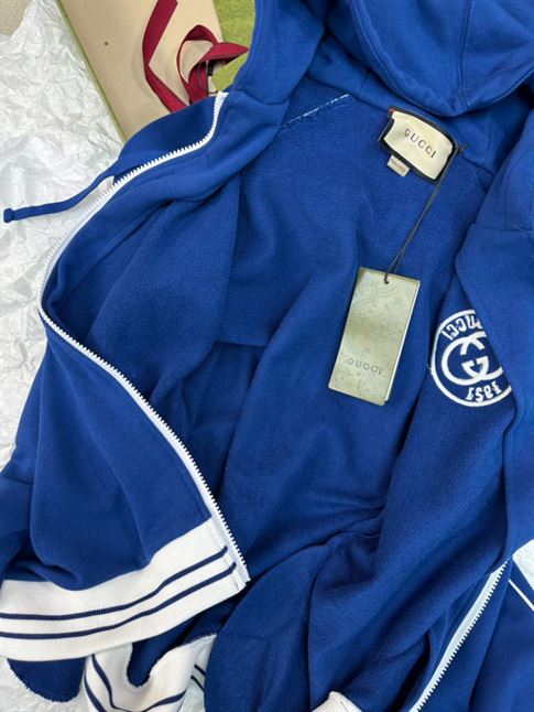 GUCCI BLUE COTTON JERSEY LOGO ZIPPED HOODIE - GCJ036