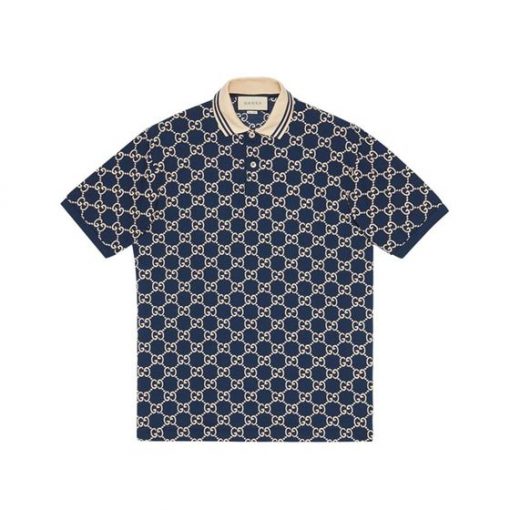 GUCCI DARK BLUE COTTON PIQUET GG STRETCH POLO - GGS013