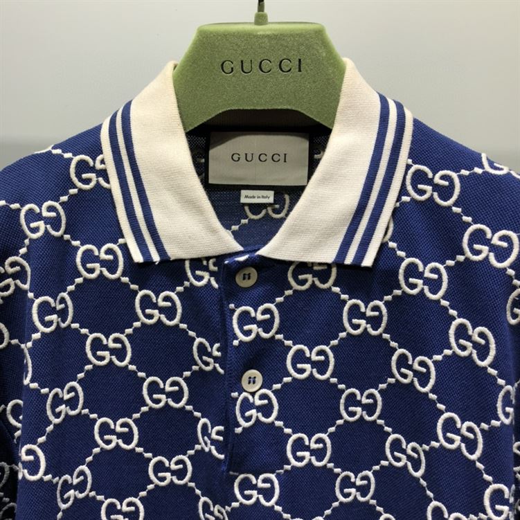 GUCCI DARK BLUE COTTON PIQUET GG STRETCH POLO - GGS013