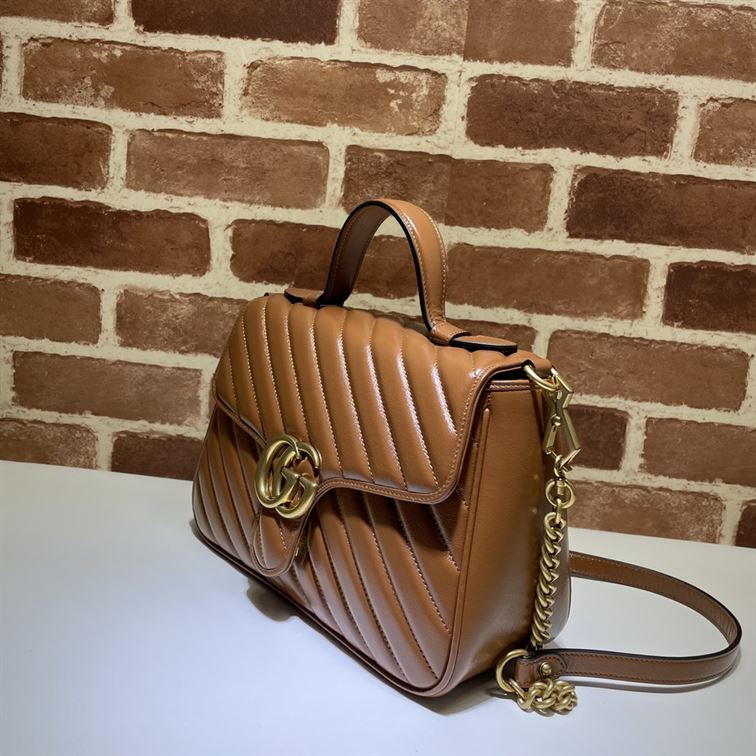 GUCCI GG MARMONT SMALL TOP HANDLE BAG IN BROWN LEATHER