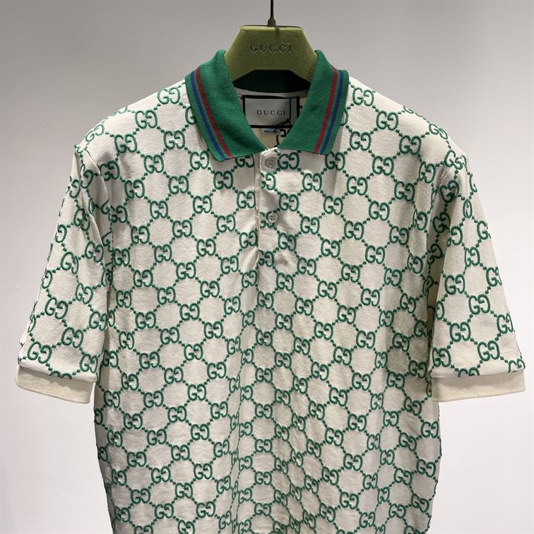 GUCCI GG STRETCH COTTON POLO IN OFF-WHITE AND GREEN - GGS007