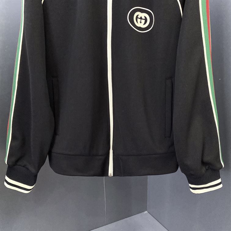 GUCCI LOGO APPLIQUED STRIPED TECH-JERSEY TRACK JACKET IN BLACK - GCJ017