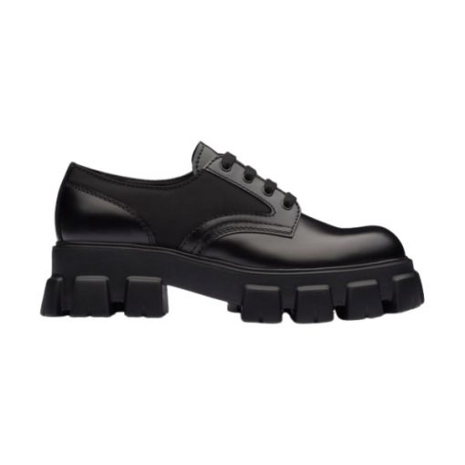 PRADA MONOLITH BRUSHED LEATHER AND NYLON LACE-UP SHOES - PRS068
