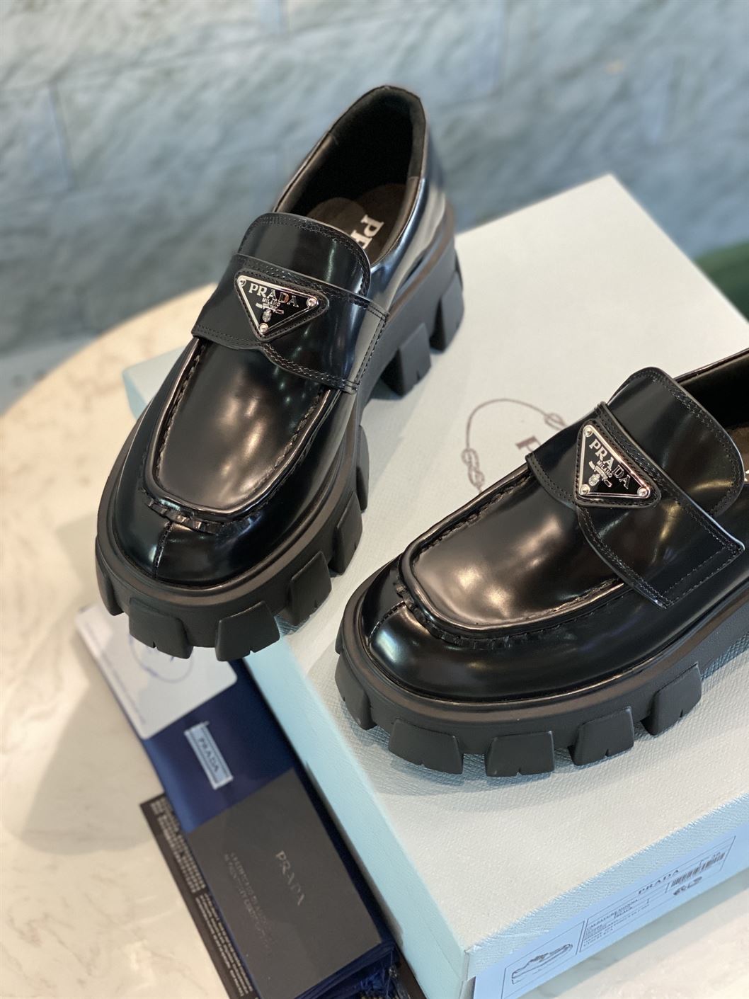PRADA MONOLITH BRUSHED LEATHER LOAFERS - PRS034