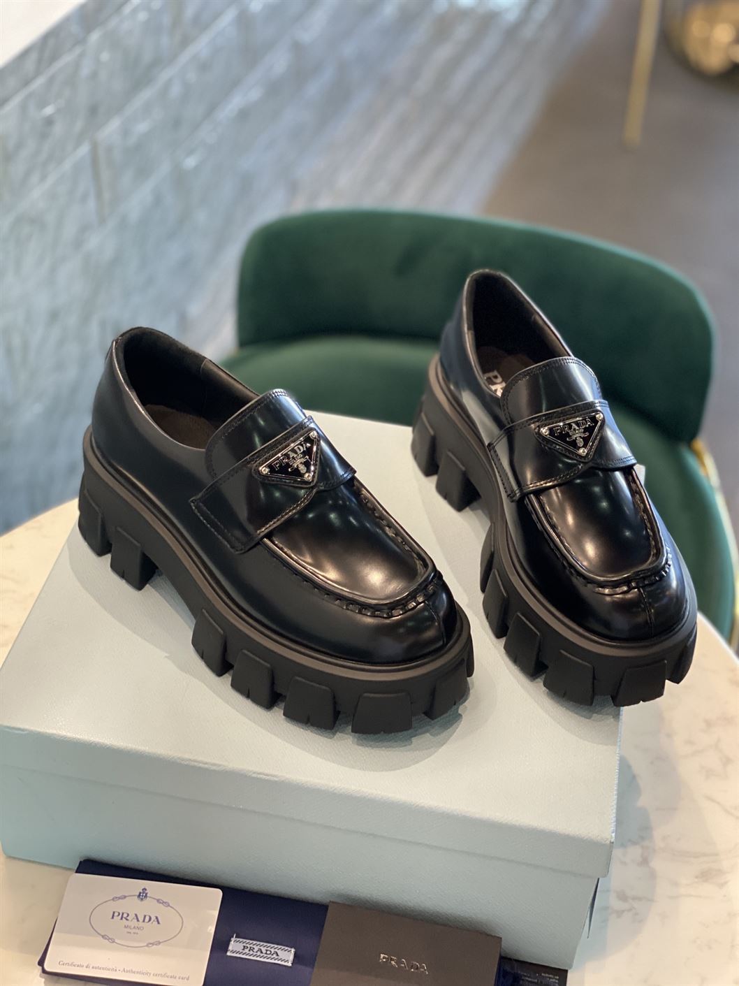 PRADA MONOLITH BRUSHED LEATHER LOAFERS - PRS034