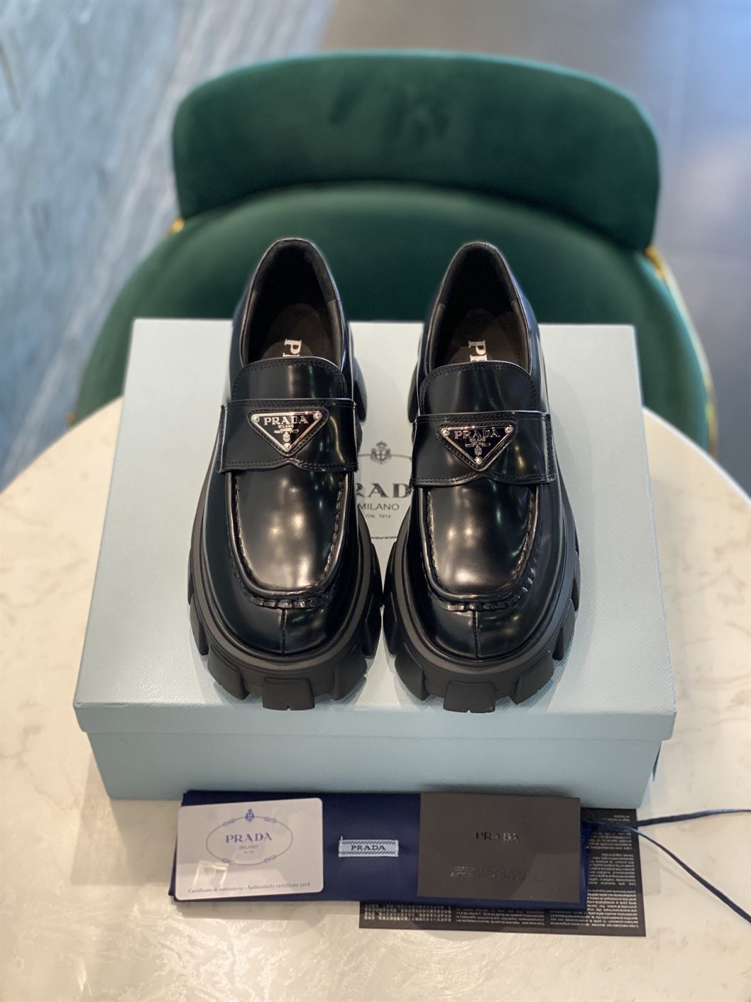 PRADA MONOLITH BRUSHED LEATHER LOAFERS - PRS034