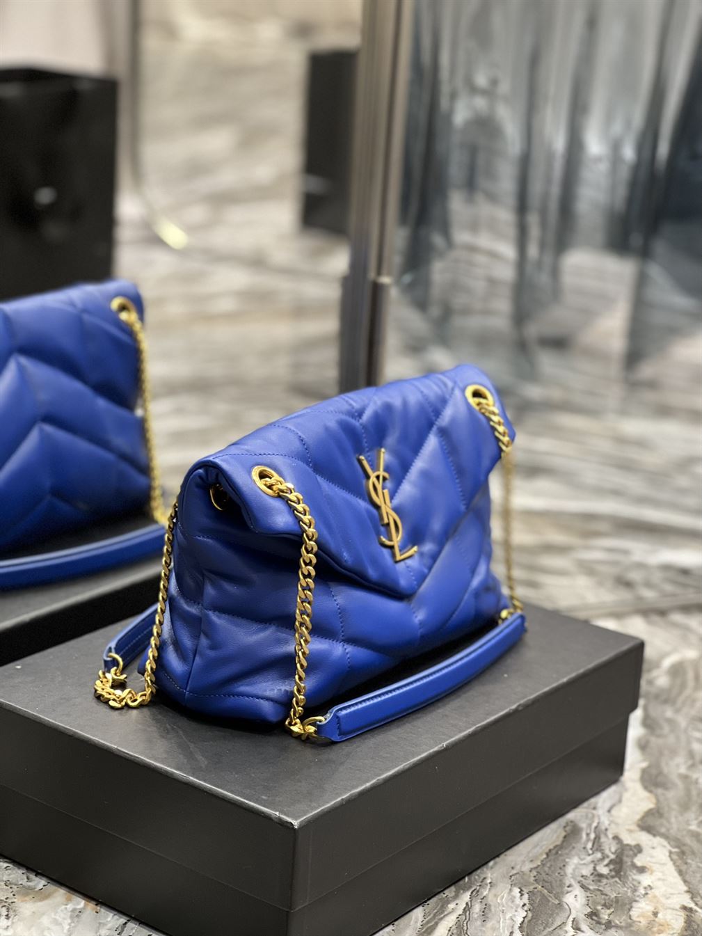 YSL SMALL PUFFER IN QUILTED NAPPA BLUE LEATHER
