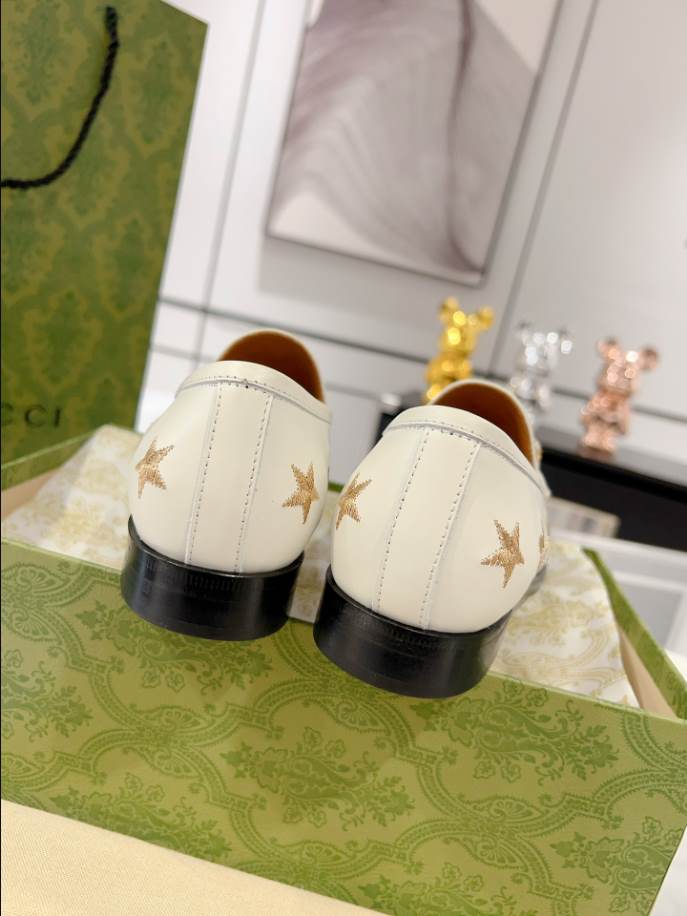 Gucci Jordaan White Bee & Star Embroidered Leather Loafer - GL076