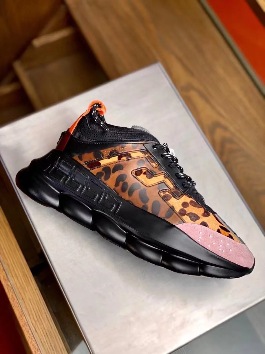 VERSACE WOMEN'S BLACK CHAIN REACTION SNEAKERS WITH LEOPARD PRINT - VSS027