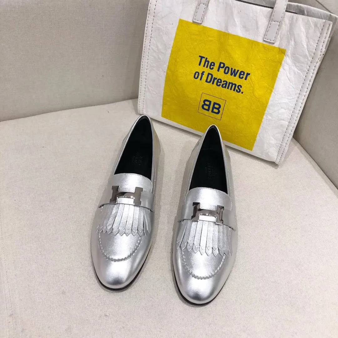 Hermes Women's Royal Loafers In Silver Metallic Lambskin - HM087 Hermes Women's Royal Loafers In Silver Metallic Lambskin