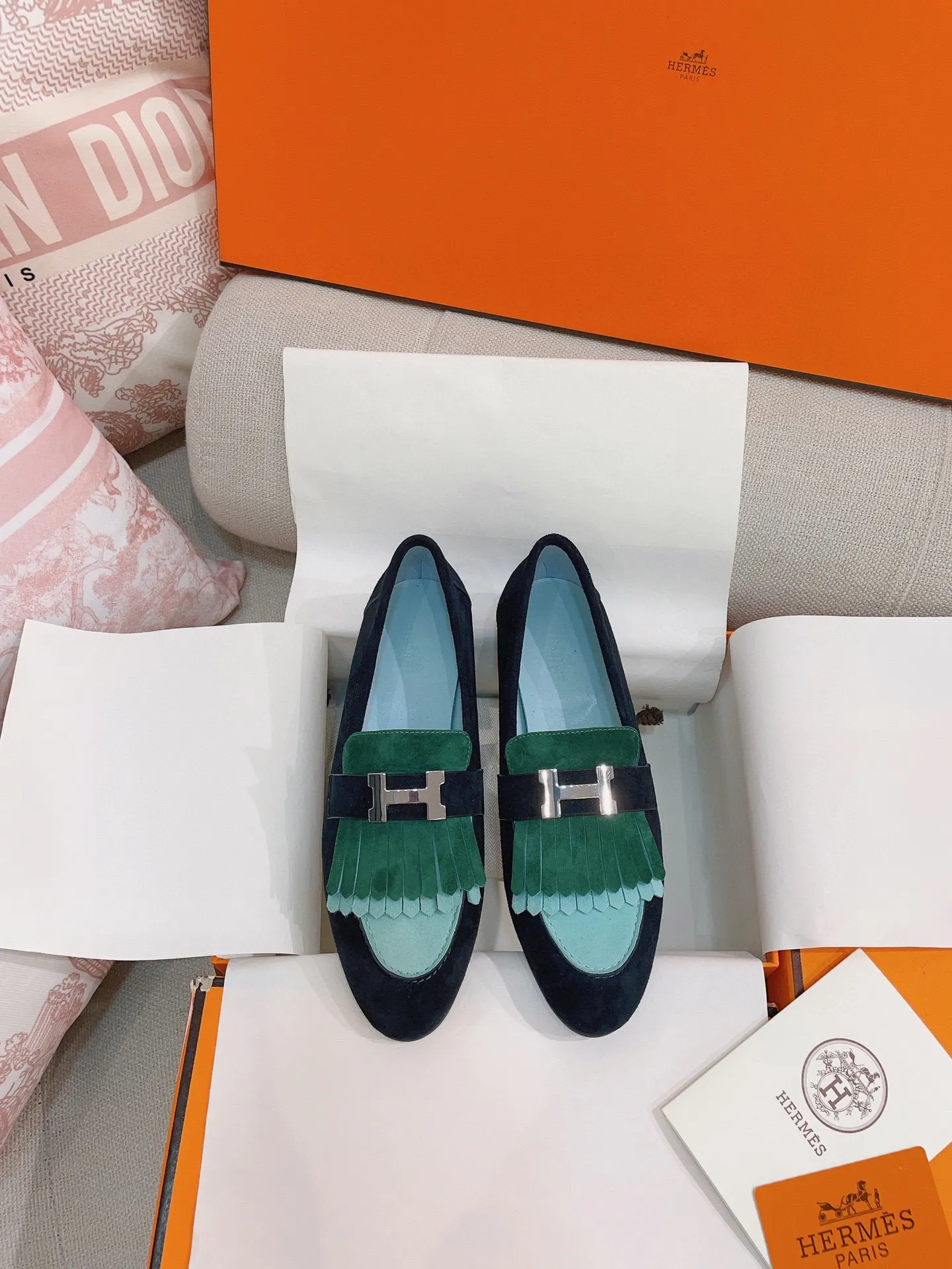 Hermes Women's Royal Loafers in Multicolor Suede Leather - HM079 Hermes Women's Royal Loafers in Multicolor Suede Leather