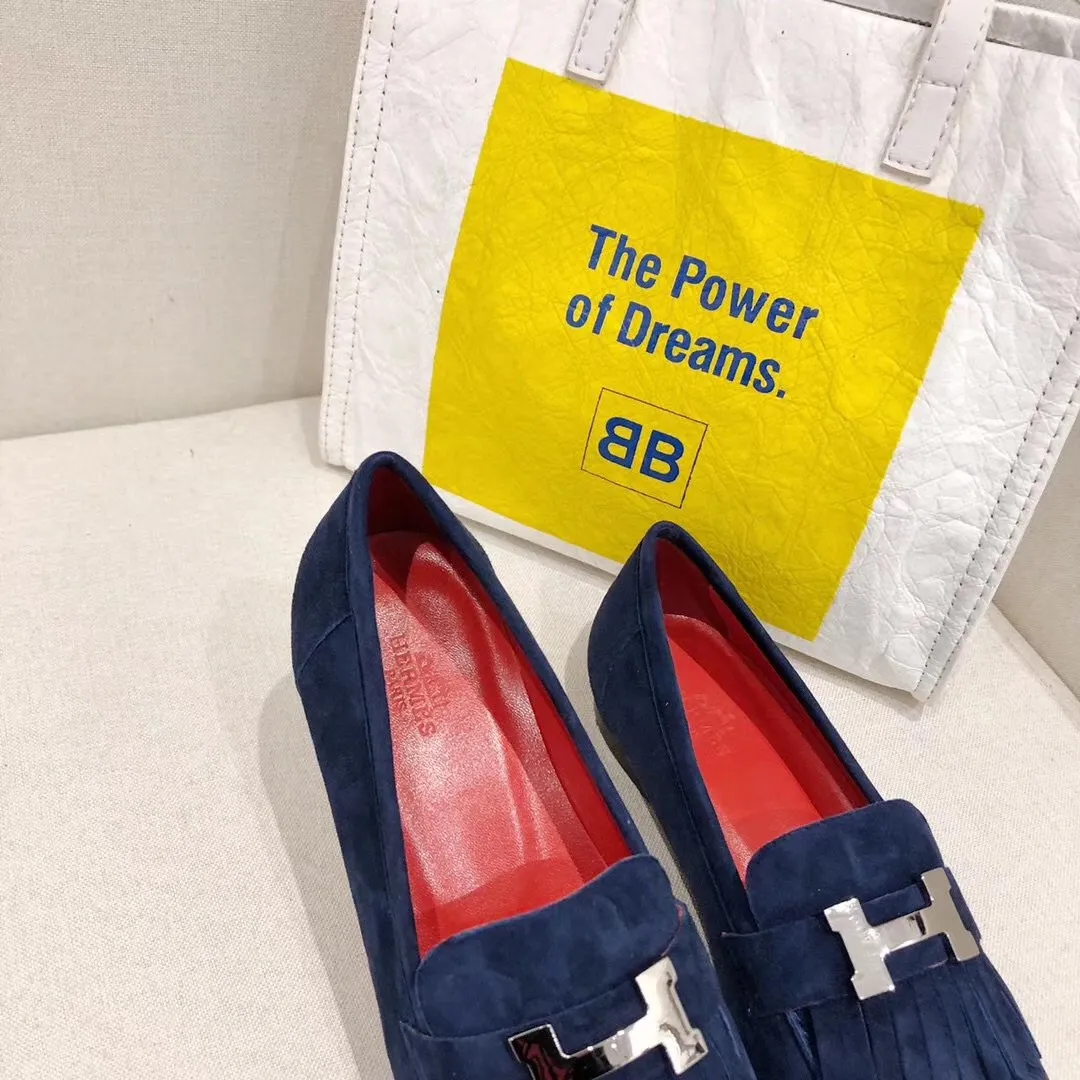 Hermes Women's Royal Loafers In Blue Suede Leather - HM088 Hermes Women's Royal Loafers In Blue Suede Leather