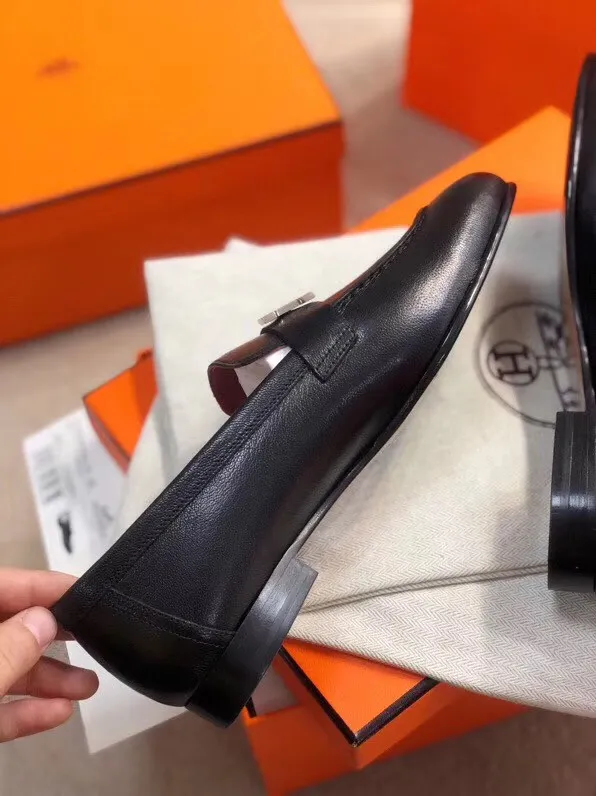 Hermes Women's Paris Loafers In Black Goatskin - HM085 Hermes Women's Paris Loafers In Black Goatskin