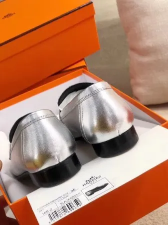 Hermes Women's Paris Loafers In Silver Metallic Goatskin - HM082 Hermes Women's Paris Loafers In Silver Metallic Goatskin