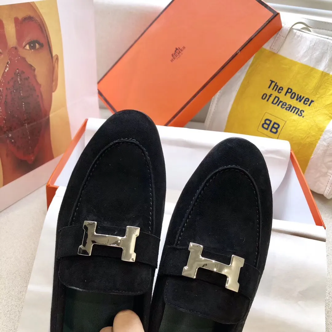 Hermes Women's Paris Loafers In Black Velvet - HM081 Hermes Women's Paris Loafers In Black Velvet