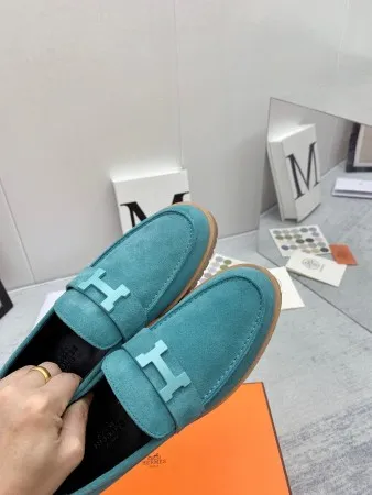 Hermes Women's Faubourg Loafers in Blue Suede Leather - HM074 Hermes Women's Faubourg Loafers in Blue Suede Leather