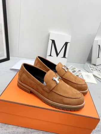 Hermes Women's Faubourg Loafers in Brown Suede Leather - HM075 Hermes Women's Faubourg Loafers in Brown Suede Leather