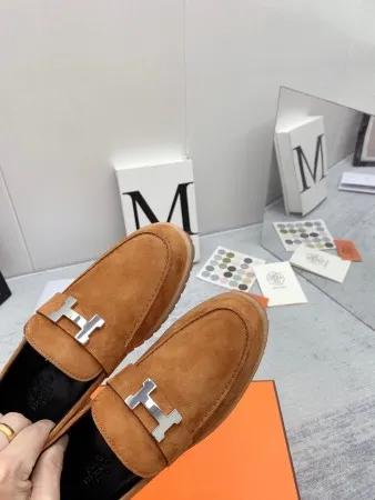Hermes Women's Faubourg Loafers in Brown Suede Leather - HM075 Hermes Women's Faubourg Loafers in Brown Suede Leather