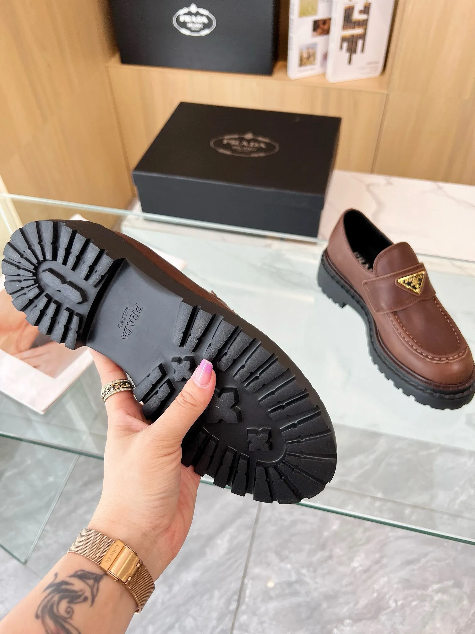 Prada Women's Double Chocolate Loafers in Cognac Leather - PRL013 Prada Women's Double Chocolate Loafers in Cognac Leather