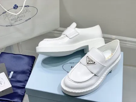 Prada Women's Loafers In White Brushed Leather - PRL003 Prada Women's Loafers In White Brushed Leather