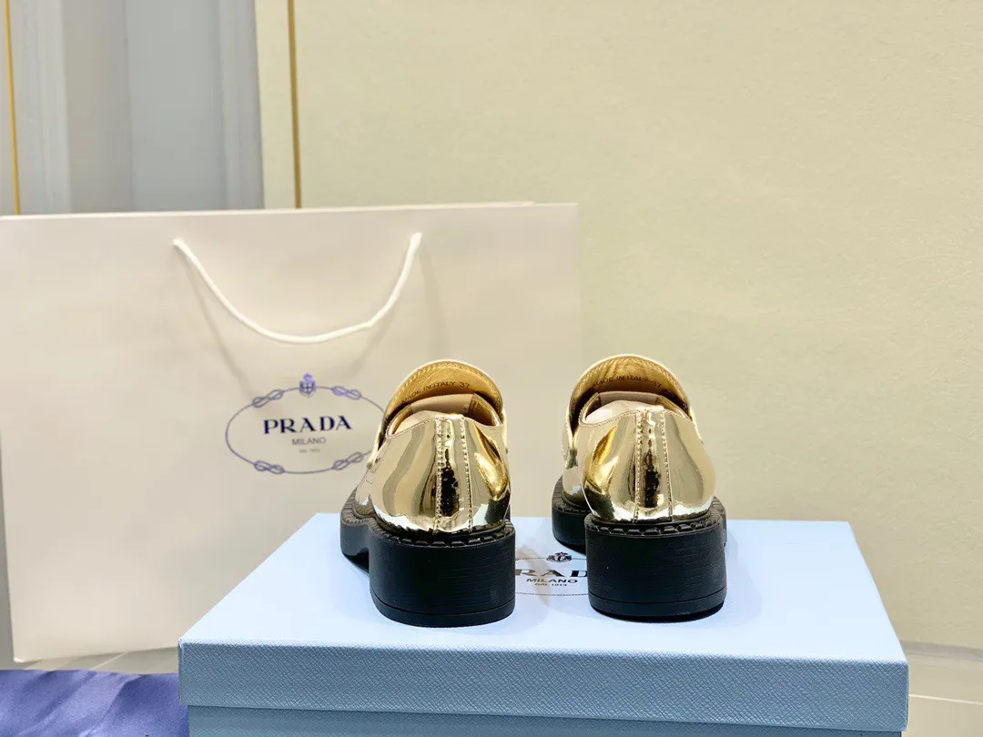 Prada Women's Loafers In Gold Metallic Leather - PRL004 Prada Women's Loafers In Gold Metallic Leather