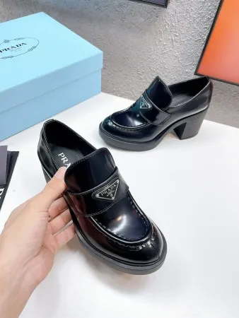 Prada Chocolate High-heeled Loafers In Black Brushed Leather - PRL001 Prada Chocolate High-heeled Loafers In Black Brushed Leather