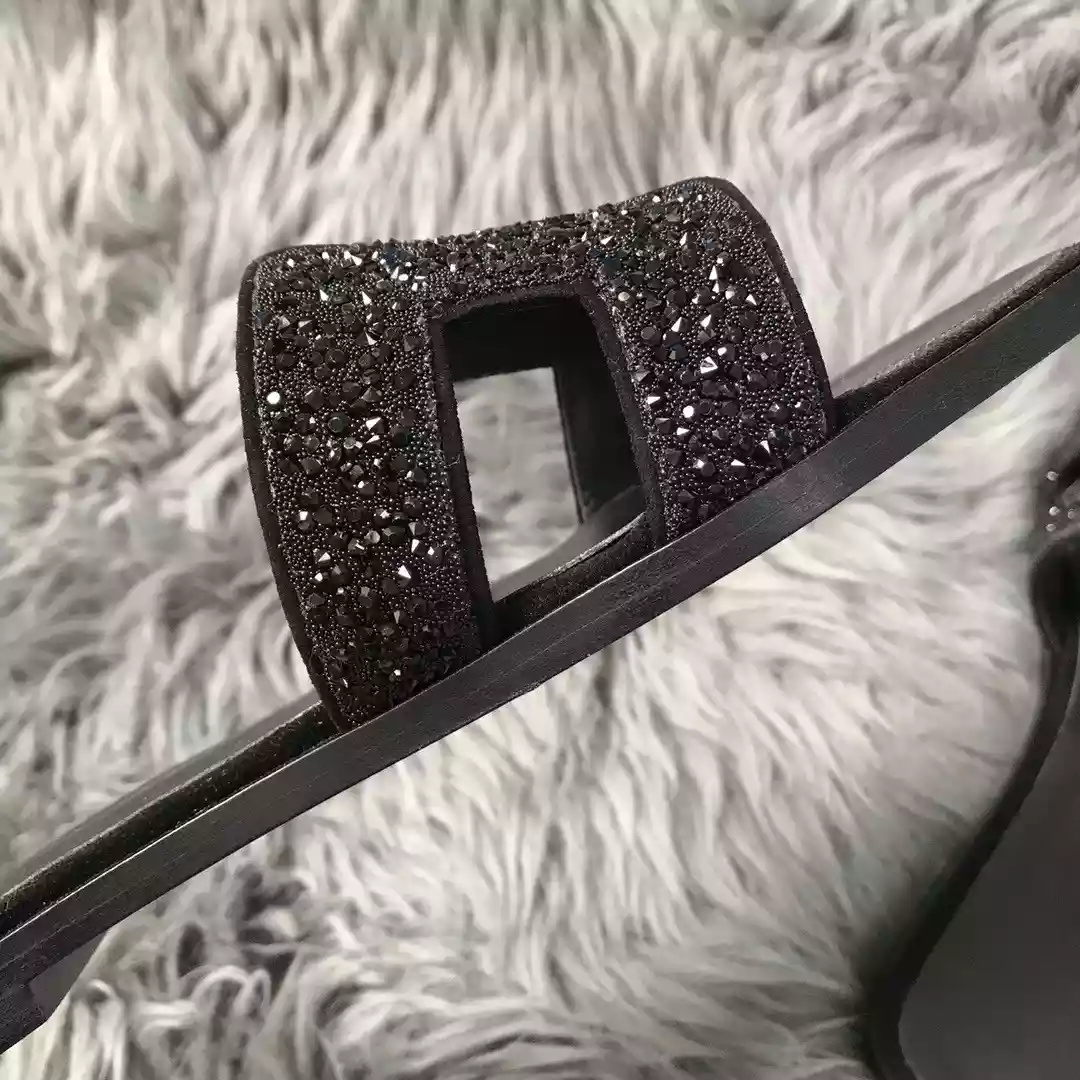 HERMES ORAN SLIDE SANDALS IN BLACK SUEDE WITH BLACK CRYSTAL - HMSD102