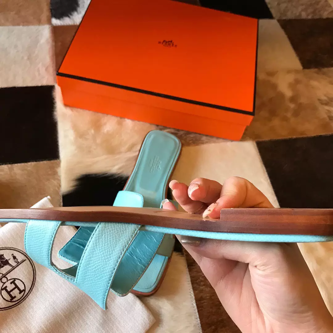 HERMES ORAN SLIDE SANDALS IN BLUE ATOLL EPSOM CALFSKIN - HMSD068