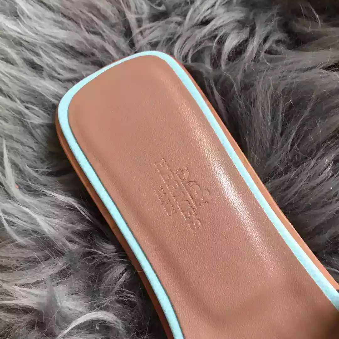 HERMES ORAN SLIDE SANDALS IN BLUE ATOLL EPSOM PERFORATED CALFSKIN - HMSD094