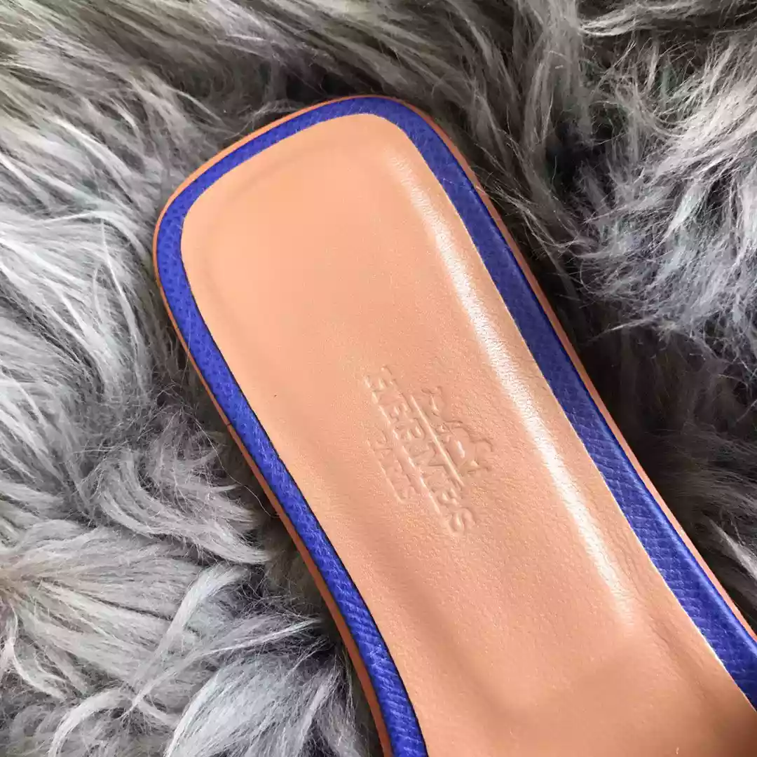 HERMES ORAN SLIDE SANDALS IN BLUE EPSOM PERFORATED CALFSKIN - HMSD095