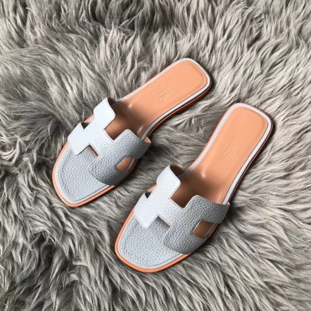 HERMES ORAN SLIDE SANDALS IN BLUE LIN CLEMENCE LEATHER - HMSD106