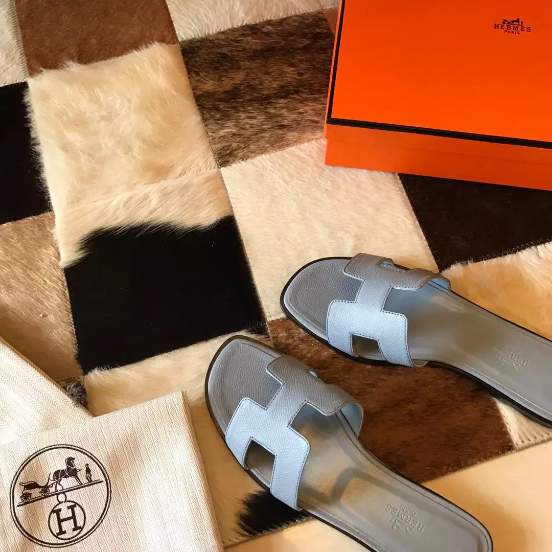 HERMES ORAN SLIDE SANDALS IN BLUE LIN EPSOM CALFSKIN - HMSD074
