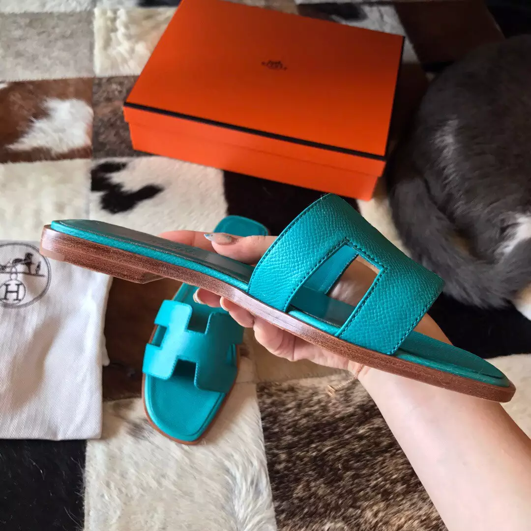 HERMES ORAN SLIDE SANDALS IN BLUE PAON EPSOM CALFSKIN - HMSD070