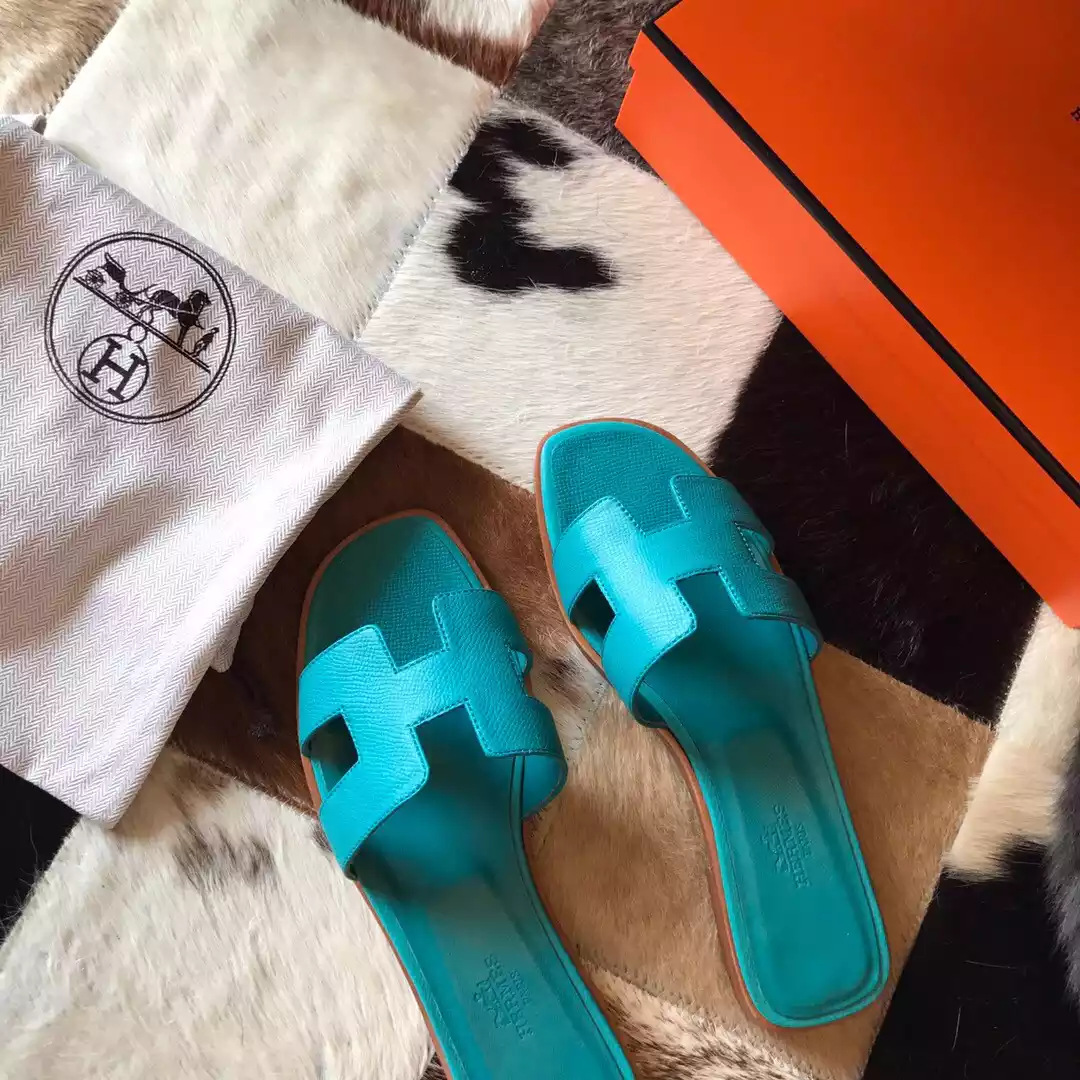 HERMES ORAN SLIDE SANDALS IN BLUE PAON EPSOM CALFSKIN - HMSD070