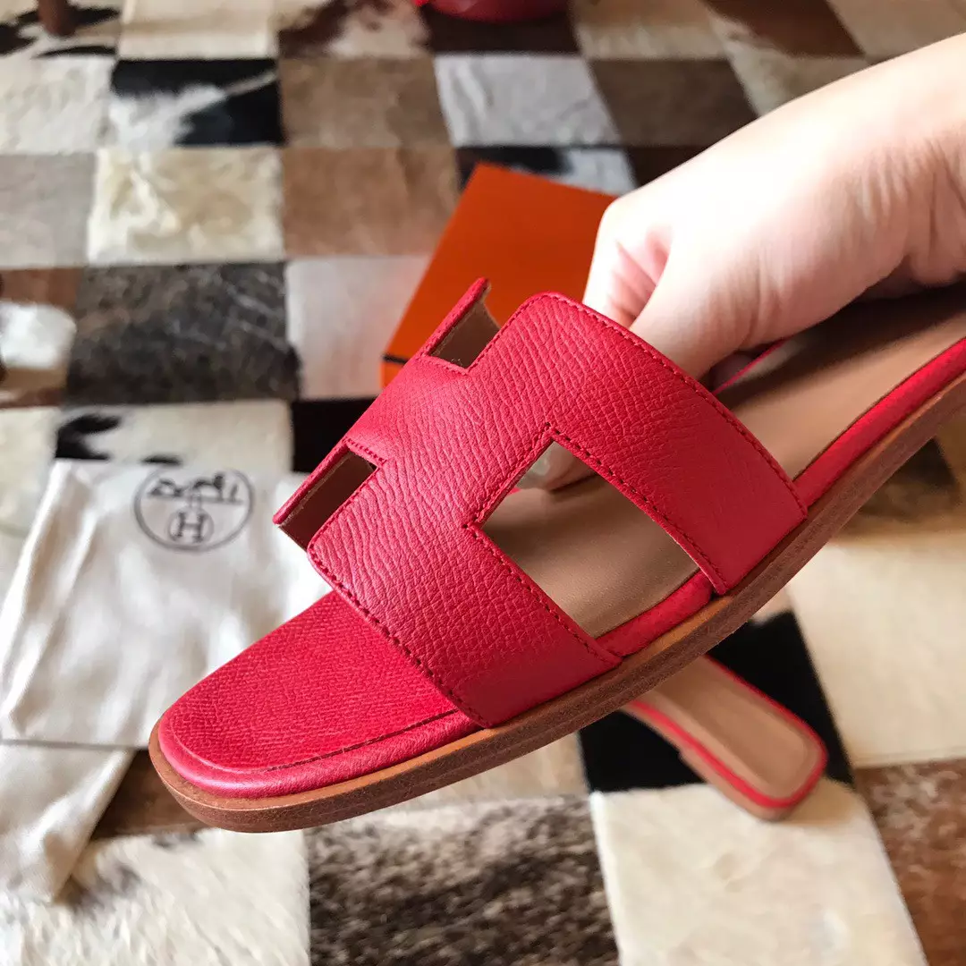 HERMES ORAN SLIDE SANDALS IN RED EPSOM CALFSKIN - HMSD092