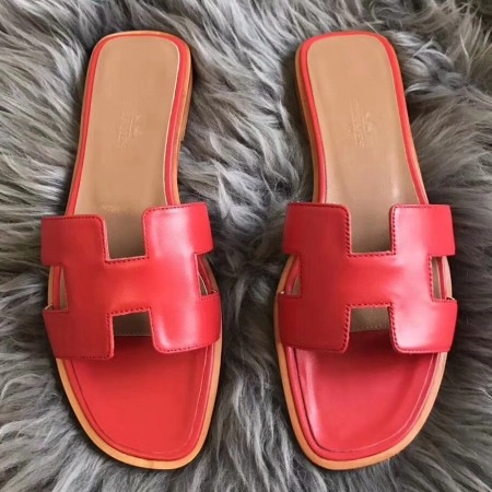 HERMES ORAN SLIDE SANDALS IN RED SWIFT CALFSKIN - HMSD127