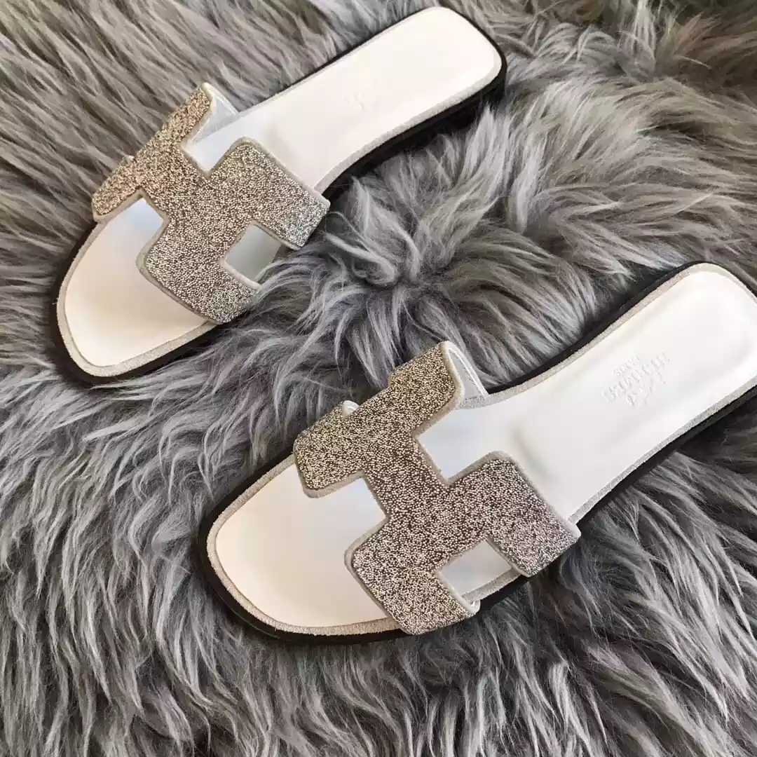 HERMES ORAN SLIDE SANDALS IN WHITE SUEDE WITH CRYSTAL - HMSD109