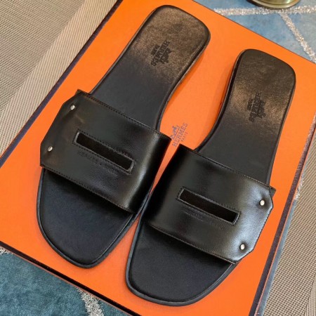 HERMES VIEW SLIDE SANDALS IN BLACK LEATHER - HMSD131