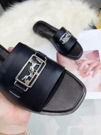 HERMES VILLA SLIDE SANDALS IN BLACK LEATHER - HMSD135